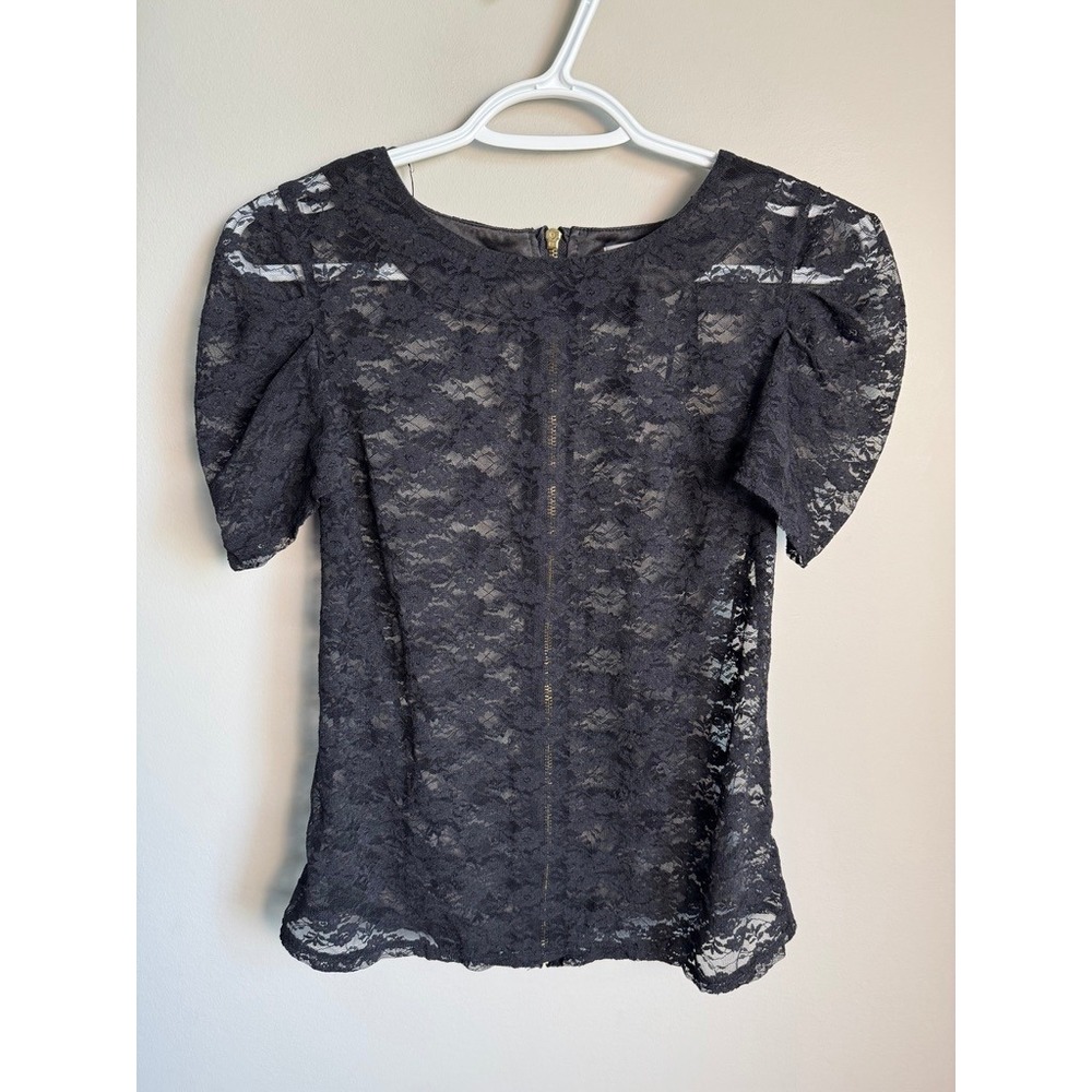 Costa Blanca Black Lace Puff Sleeve Top M Exposed Zip Romantic Goth Coquette M